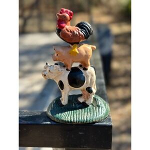 Vintage Cast Iron Stacked Farm Animals Figurine Rooster Pig Cow Farmhouse Decor‎